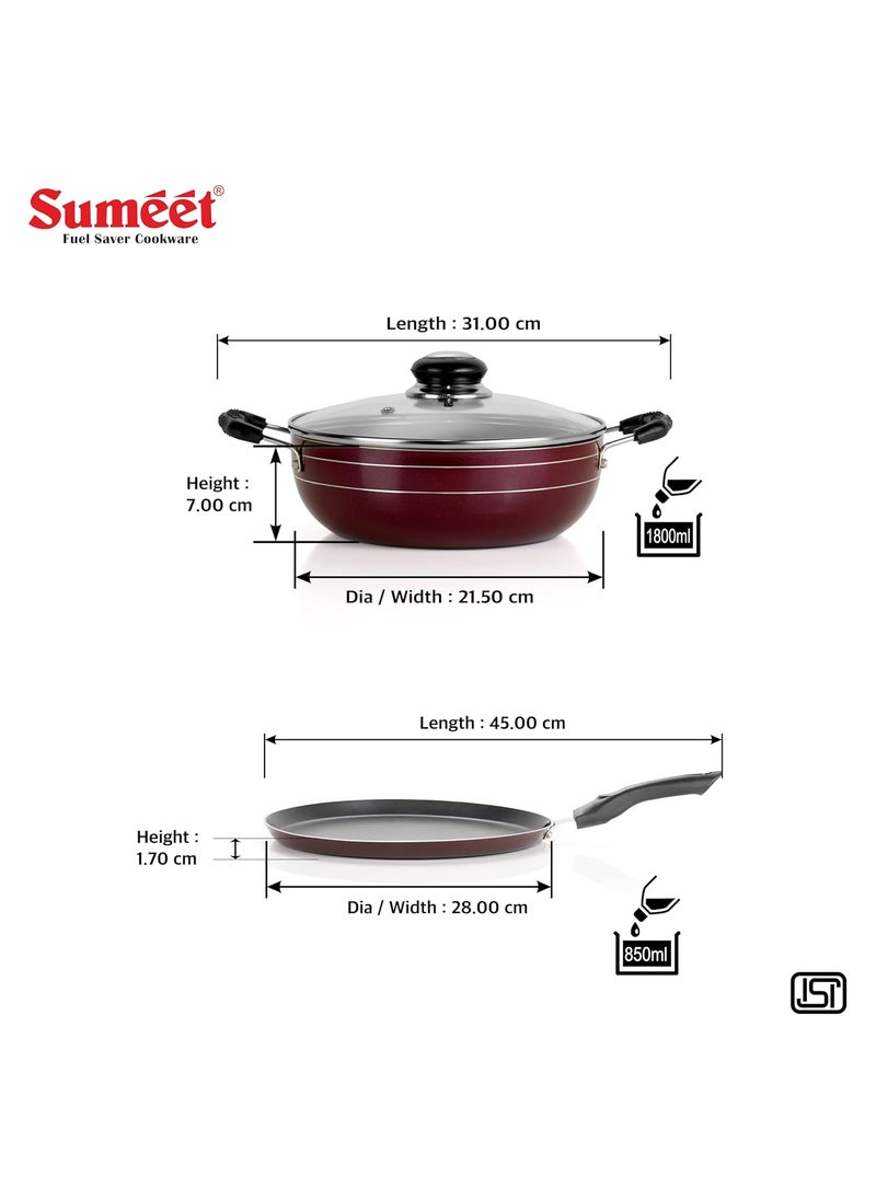 Sumeet Elegantia Induction Base Non Stick Aluminium Cookware Set of 3Pcs - Dosa Tawa 28cm / Deep Kadai with Glass Lid 21.5cm / 1800ml Capacity | Gas and Induction Friendly | Cherry