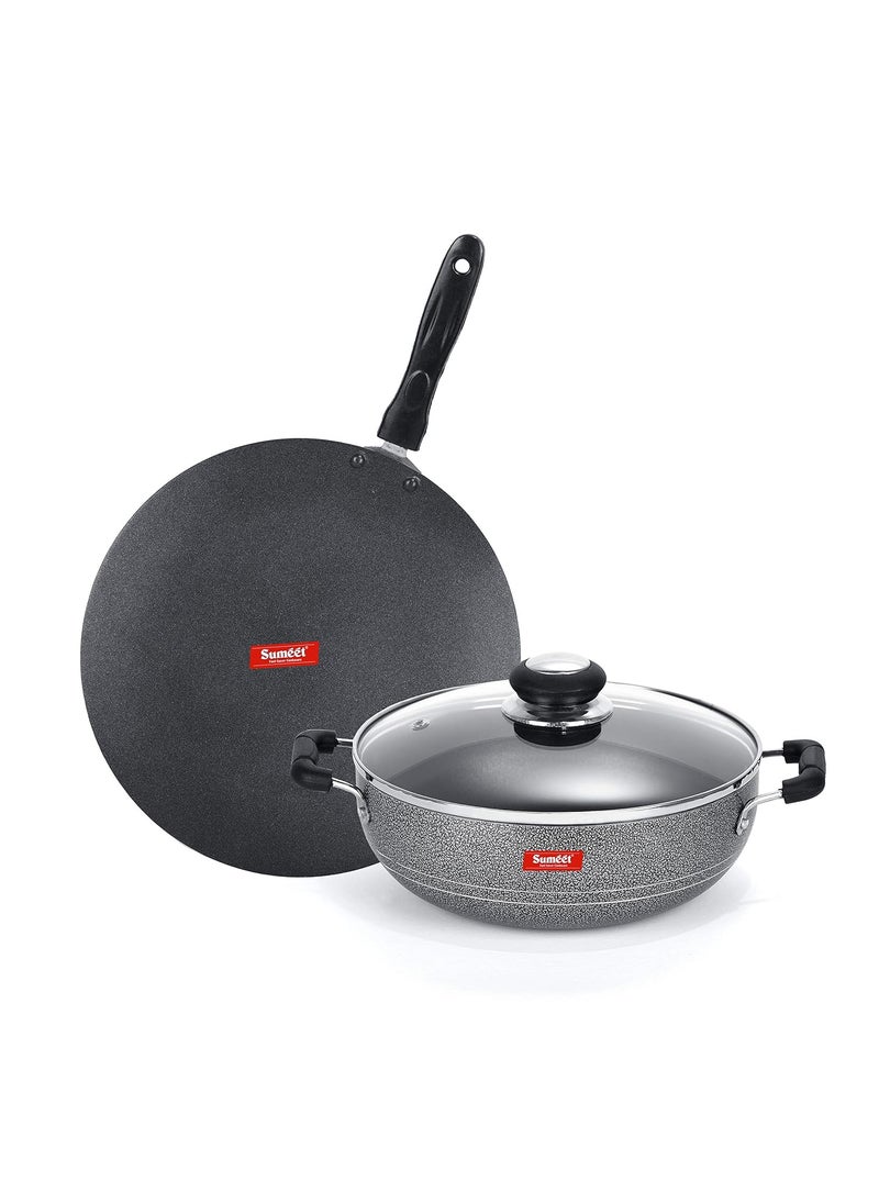 SUMEET Aluminium NonStick Air Head Cookware Set (Silver, Kadhai with Glass Lid -2Ltr - 22Cm Diameter, Conceive/Roti Tawa - 28Cm Dia)