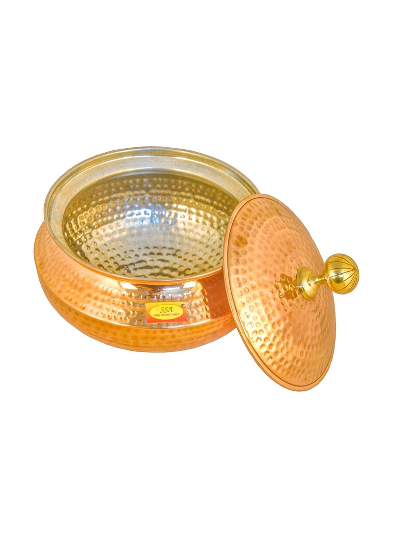 Shiv Shakti Arts Copper Hammered Biryani Handi Chaffing Dish Pan Patili with Lid,Tin Lining,Cookware,5 L,Brown