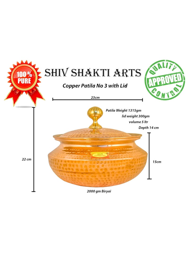 Shiv Shakti Arts Copper Hammered Biryani Handi Chaffing Dish Pan Patili with Lid,Tin Lining,Cookware,5 L,Brown