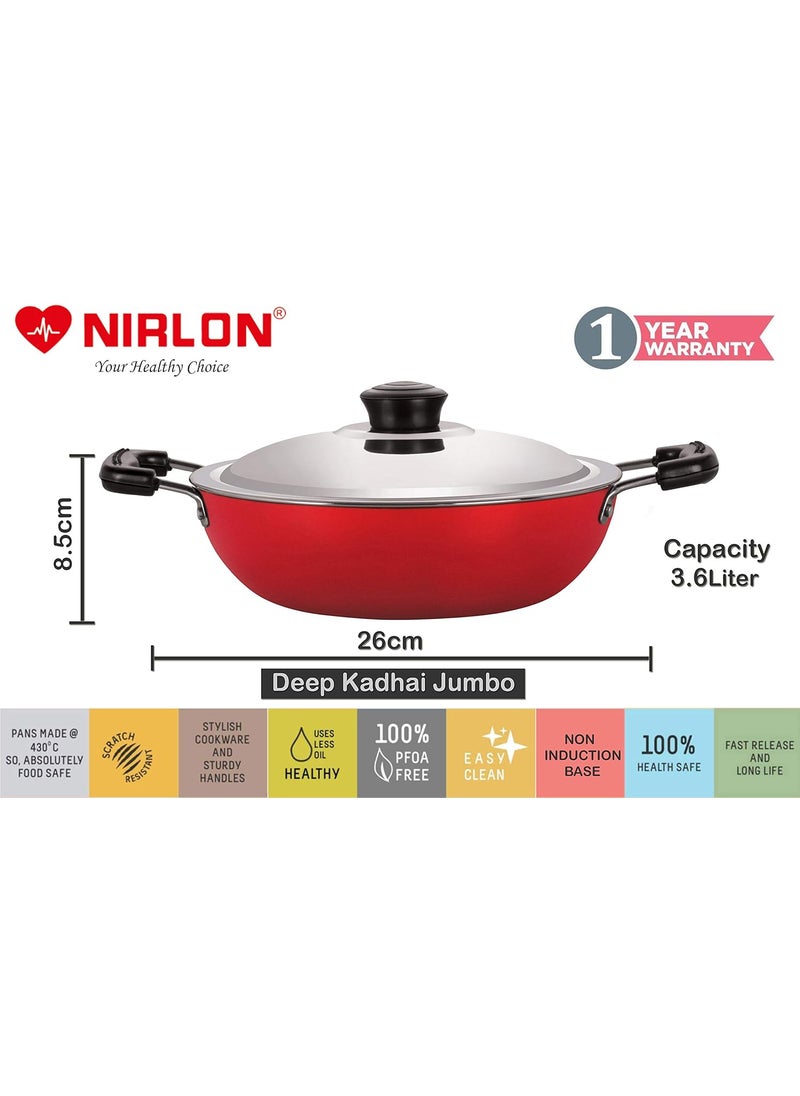 Nirlon Nonstick Coated Aluminium 7 Pcs Set of Deep Kadhai-26cm,Casserole-22cm,AppaChatti-22.5cm,Smart Tawa-26.5cm & 3 Spoon (2.6mm_DKD(J)_CS22_AC_ST11_3SPN)