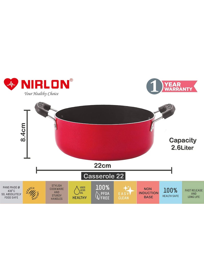 Nirlon Nonstick Coated Aluminium 7 Pcs Set of Deep Kadhai-26cm,Casserole-22cm,AppaChatti-22.5cm,Smart Tawa-26.5cm & 3 Spoon (2.6mm_DKD(J)_CS22_AC_ST11_3SPN)