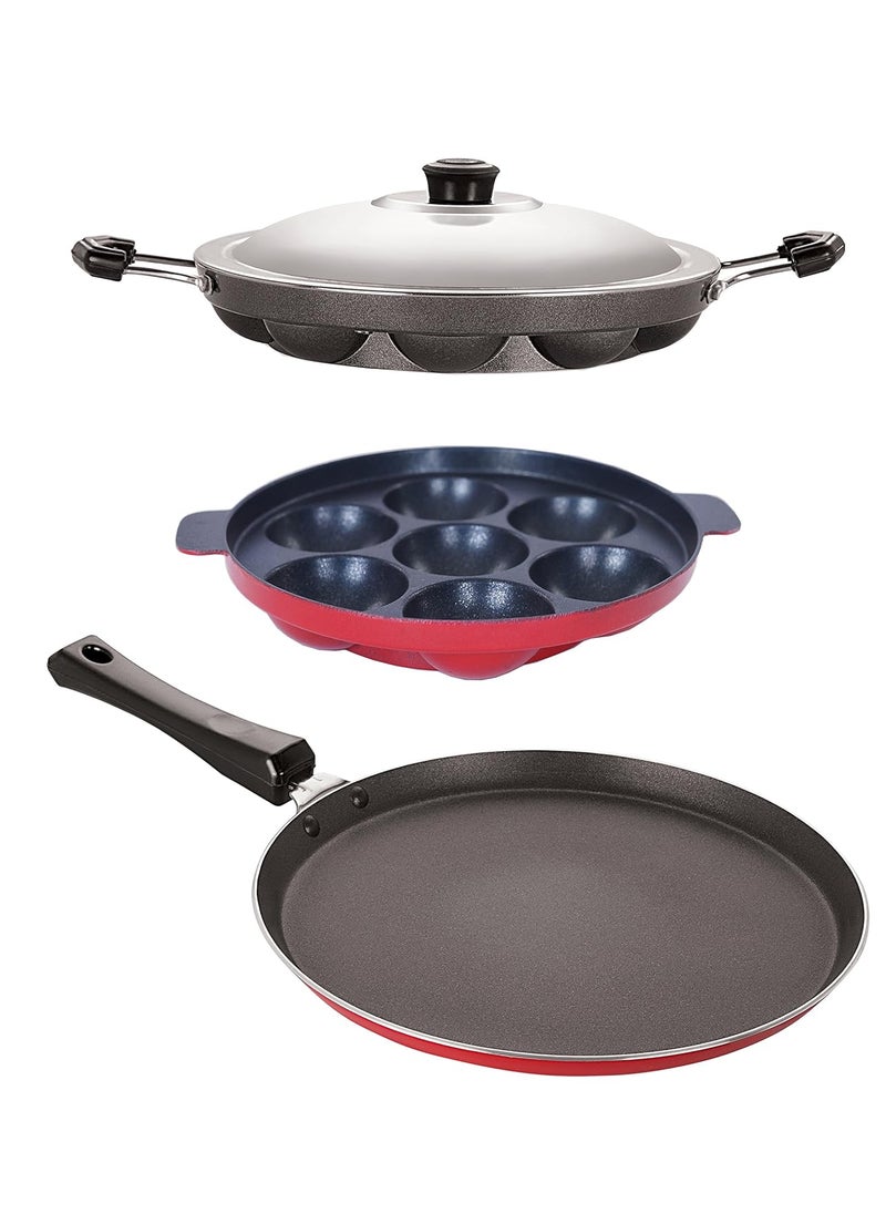 Nirlon Non-Stick Odor Free 3 Piece Gas Compatible Kitchenware Combo Set with Bakelite Handle, Red and Black Color