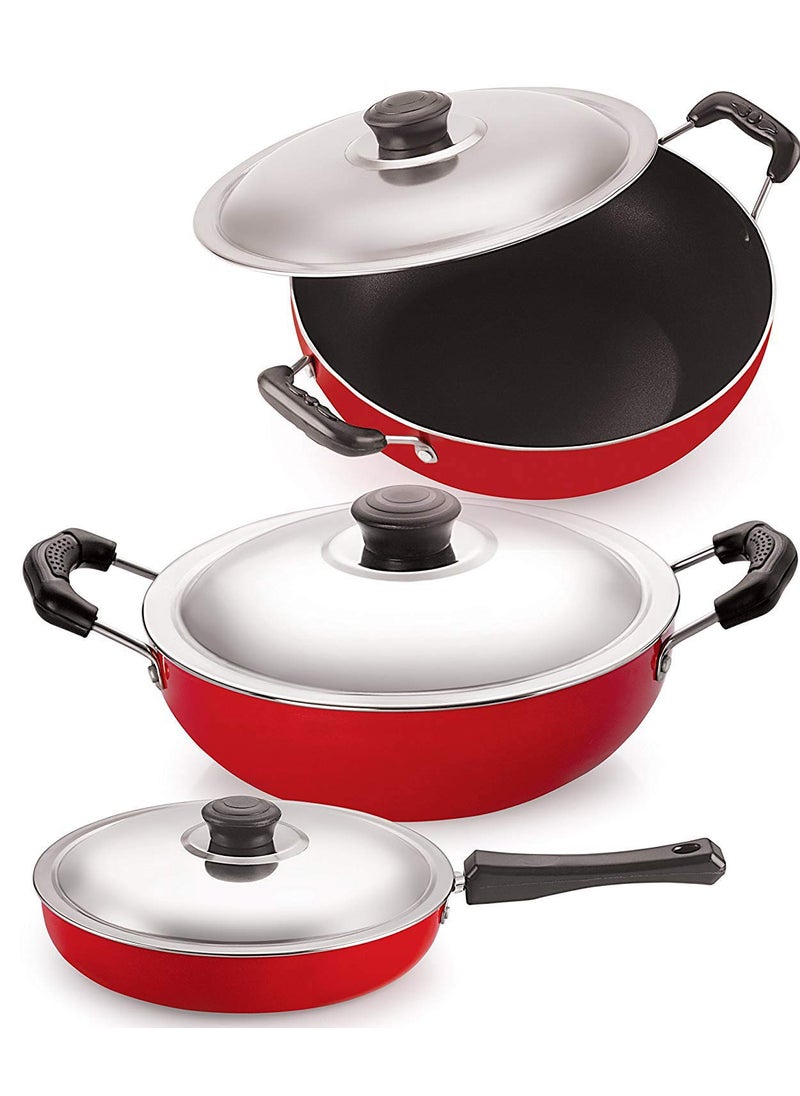 Nirlon Non Stick 3 Piece Combo Cookware Set Aluminium Red & Black