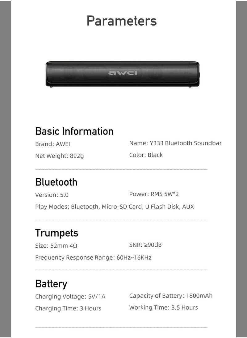 10W Bluetooth Speaker - Wireless speaker for PCs, laptops, TVs, smartphones, and tablets - Mini home theater with surround sound - Supports USB/AUX/TF card/TWS interconnect