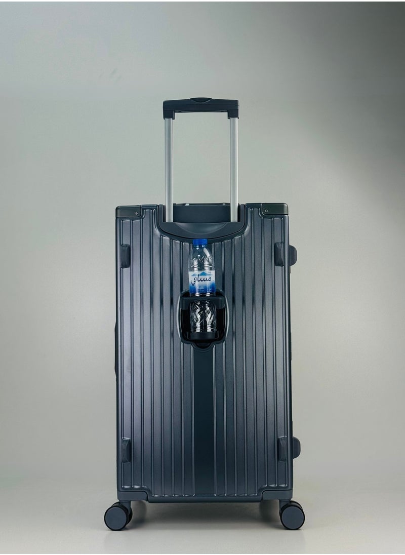 Light Weight Aluminum Frame Fashion Trolley Luggage Unbreakable Polycarbonate Strong Hard Case Checked Luggage with Dual TSA approved and 4 Quite 360° Double wheels and Cup Holder with free protection Cover (Checked Luggage 30-Inch, Grey)