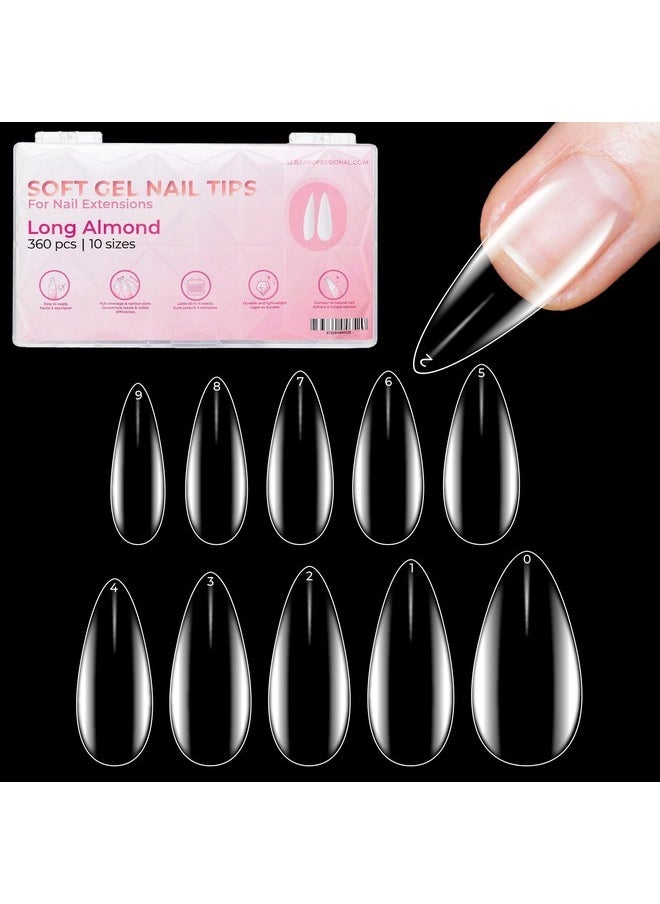 Soft Gel Nail Tips - 360Pcs Soft Gel Nail Extension Tips, 10 Sizes Clear Full Cover Fake Nails For Nail Extension, Long-Lasting Salon Quality, Natural Look & Comfortable Wear (Almond, Long)