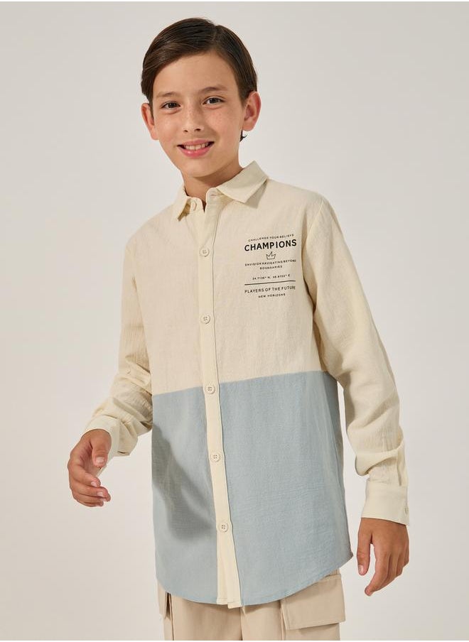 Color Block Long Sleeve Collared Shirt