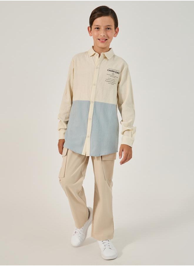 Color Block Long Sleeve Collared Shirt