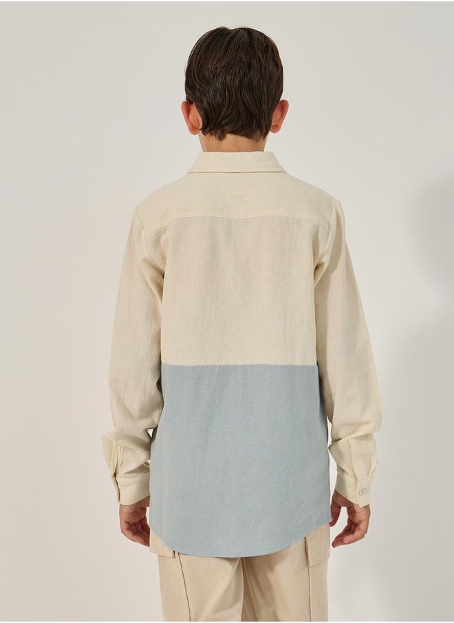 Color Block Long Sleeve Collared Shirt