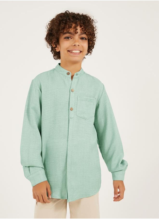 Mandarin Collar Buttoned Long Sleeve Shirt