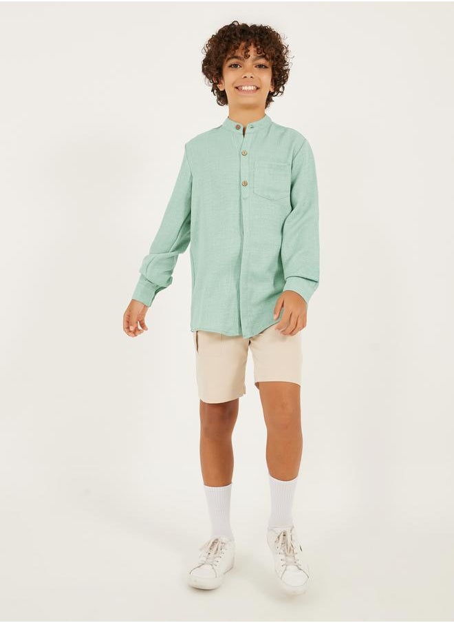 Mandarin Collar Buttoned Long Sleeve Shirt