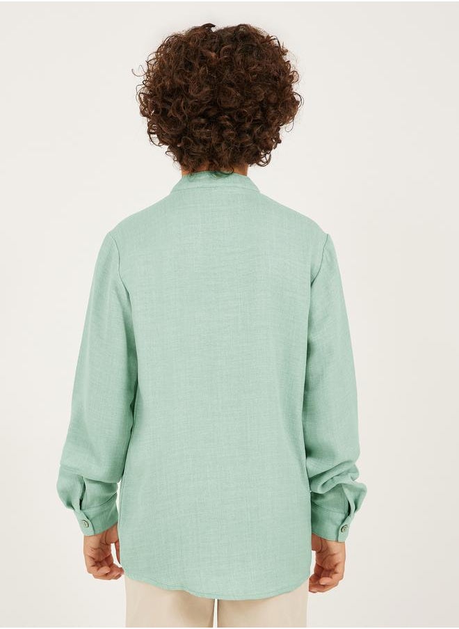 Mandarin Collar Buttoned Long Sleeve Shirt