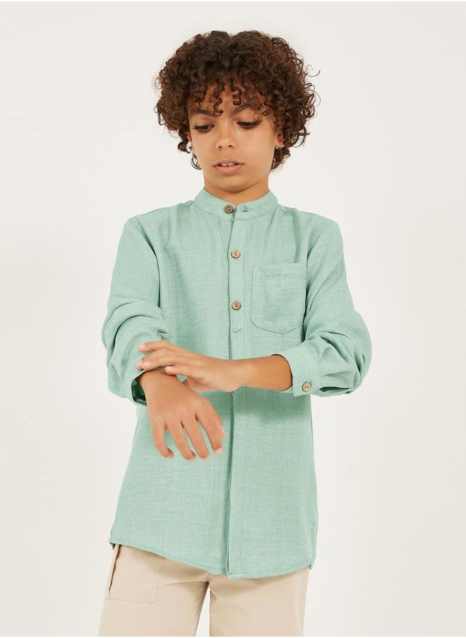 Mandarin Collar Buttoned Long Sleeve Shirt