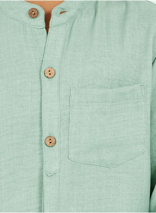 Mandarin Collar Buttoned Long Sleeve Shirt