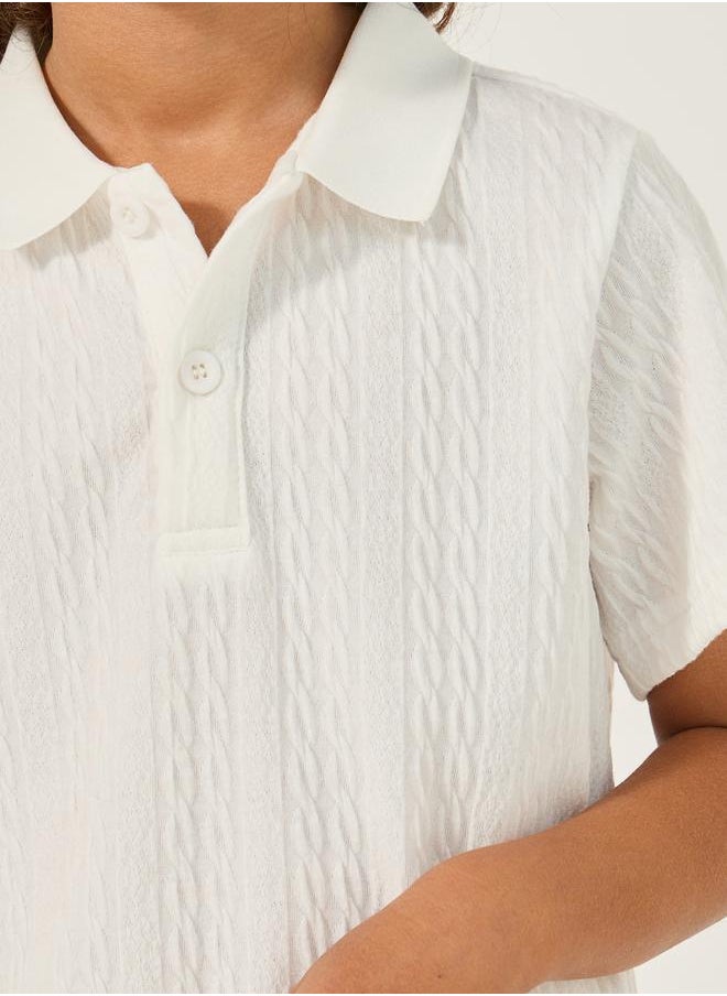 Textured Knit Short Sleeve Polo Neck T-Shirt