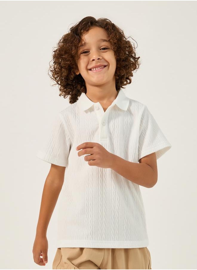 Textured Knit Short Sleeve Polo Neck T-Shirt