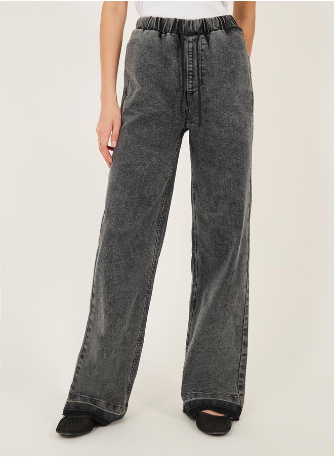 High Rise Elasticated Waist Wide Leg Jeans with Frayed Hem