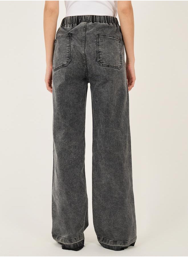 High Rise Elasticated Waist Wide Leg Jeans with Frayed Hem