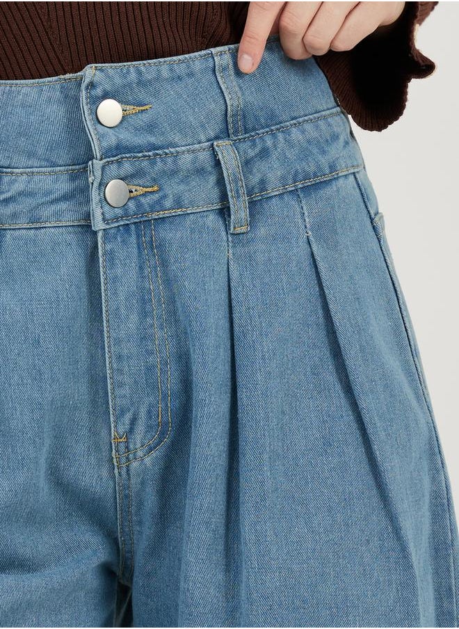 High Rise Double Waistband Pleated Wide Leg Jeans