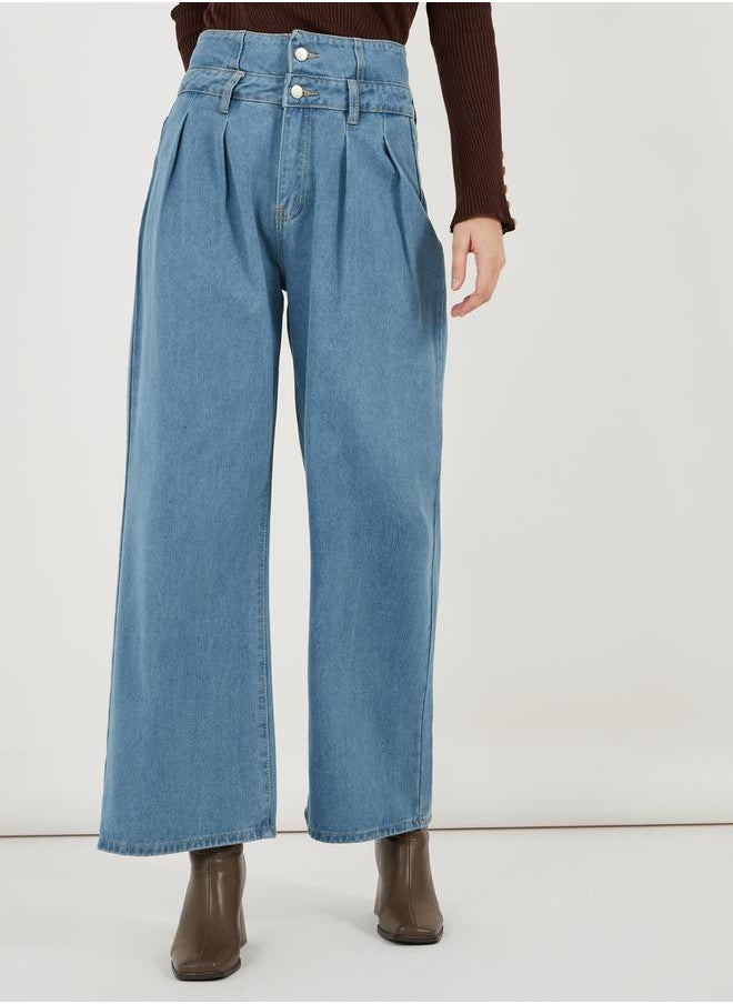 High Rise Double Waistband Pleated Wide Leg Jeans