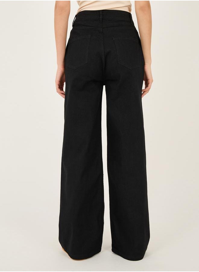 High Rise Pleated Front Wide Leg Jeans