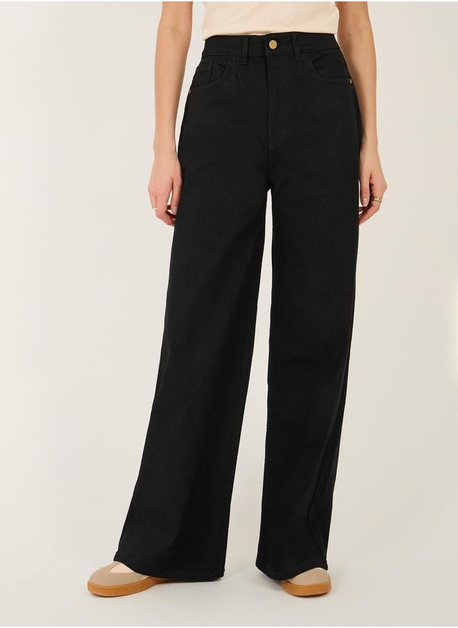 High Rise Pleated Front Wide Leg Jeans