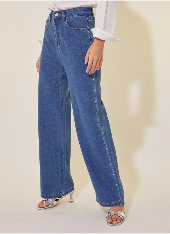 Mid Rise Studded Wide Leg Jeans