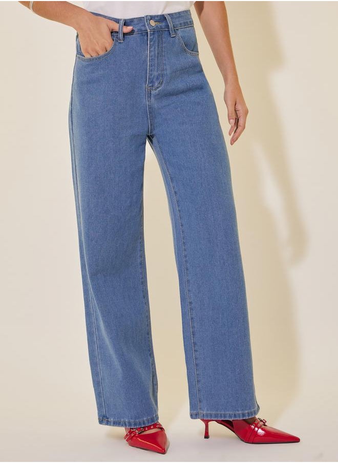 Mid Rise Plain Wide Leg Jeans