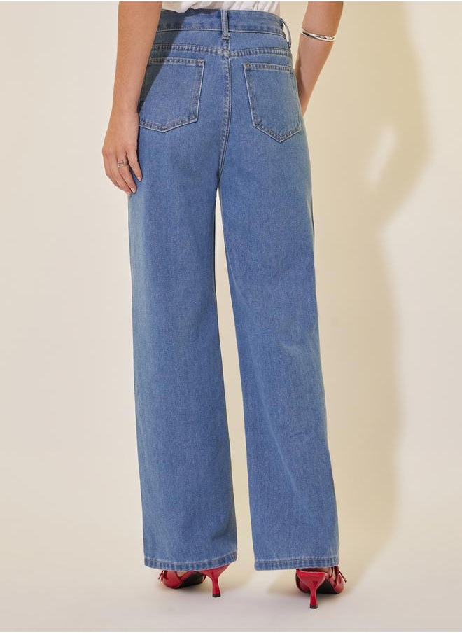 Mid Rise Plain Wide Leg Jeans