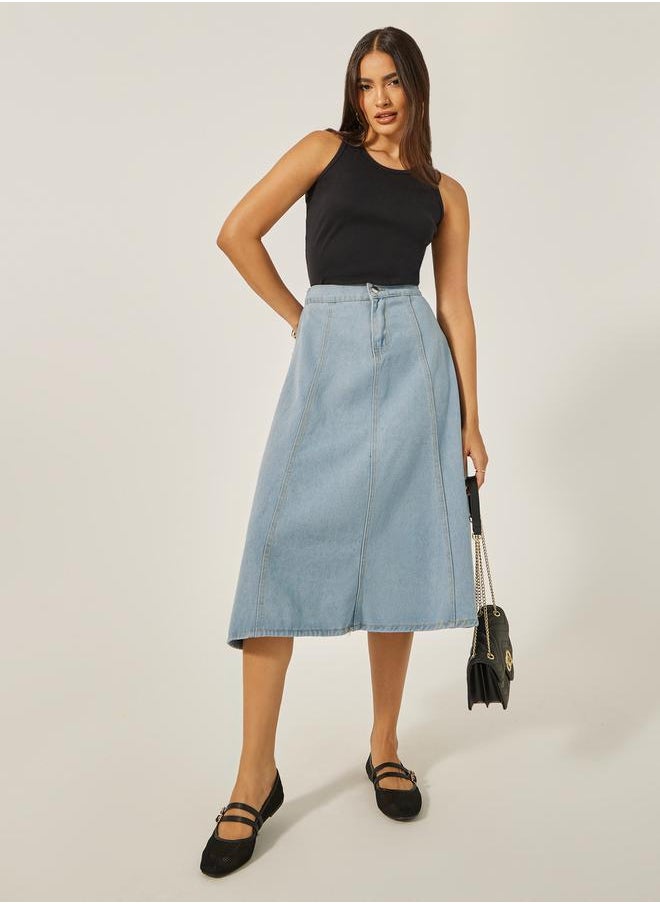 Mid Rise A-Line Midi Denim Skirt