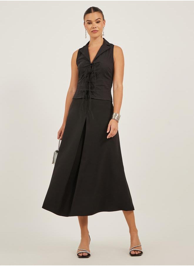 Pleated A-Line Midi Skirt with Belt Loop Detail