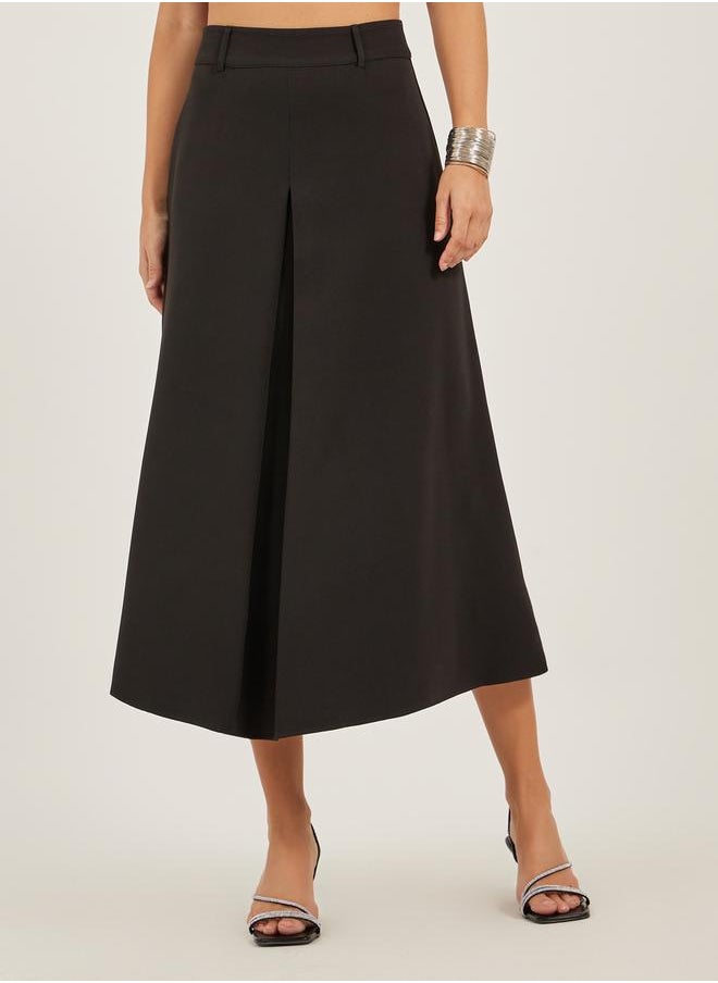 Pleated A-Line Midi Skirt with Belt Loop Detail