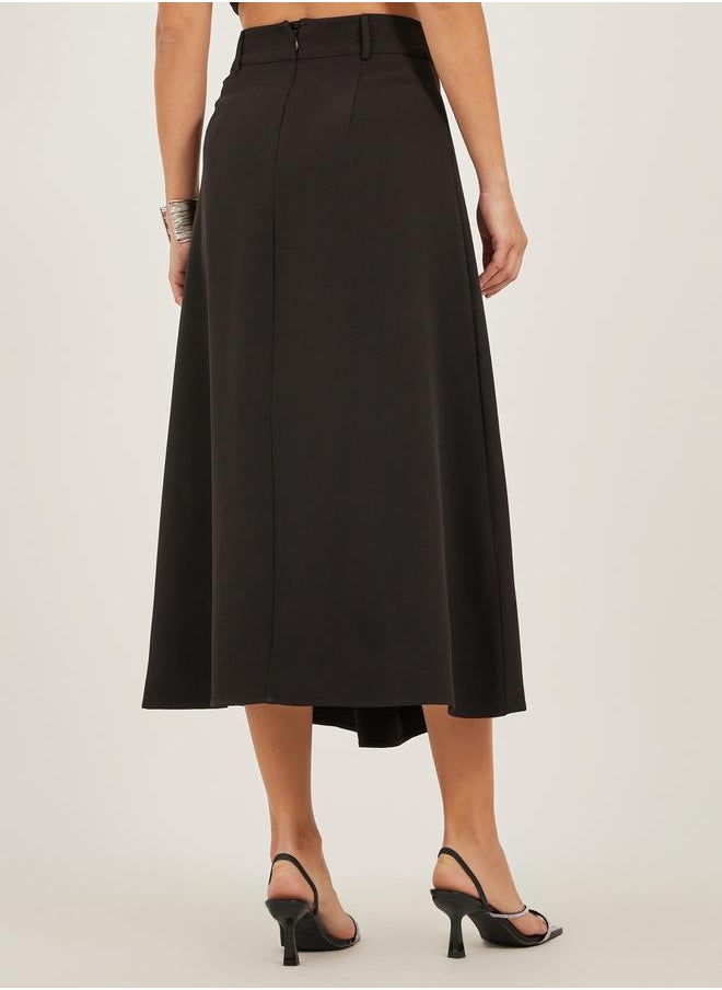 Pleated A-Line Midi Skirt with Belt Loop Detail