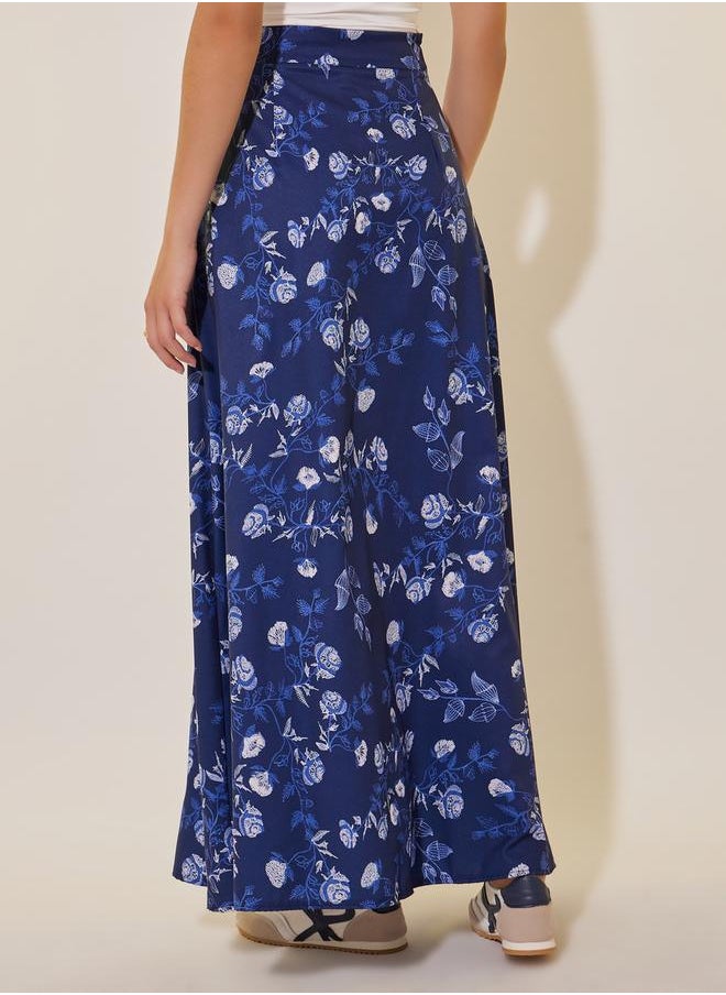 Floral Printed Maxi and Solid Sleeveless A-Line Skirt