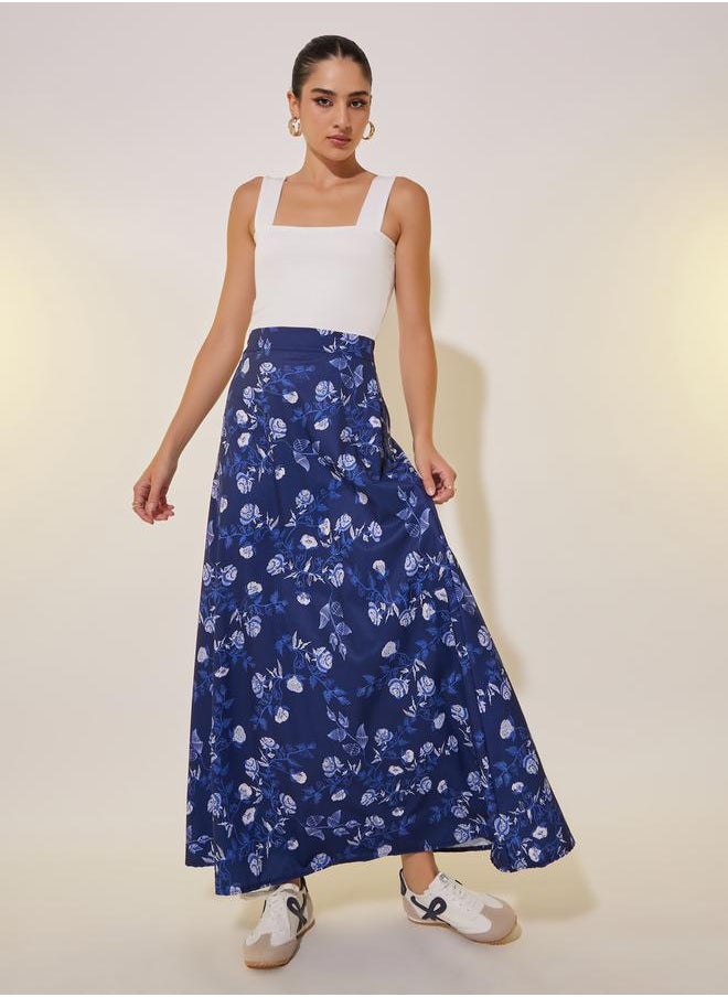 Floral Printed Maxi and Solid Sleeveless A-Line Skirt