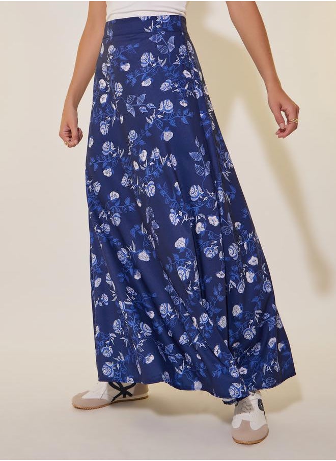 Floral Printed Maxi and Solid Sleeveless A-Line Skirt