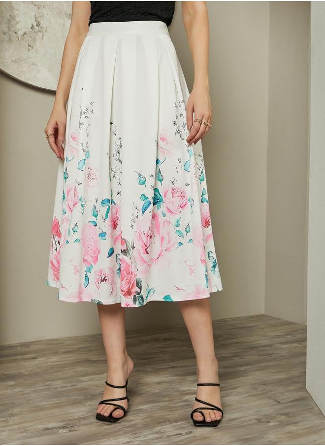 Placement Printed Pleated A-Line Midi Skirt