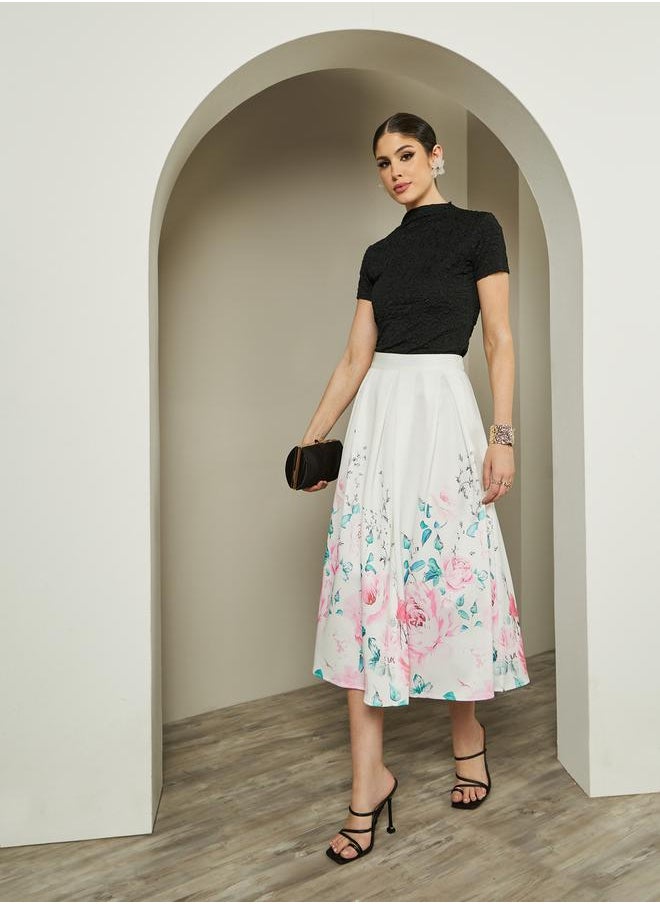 Placement Printed Pleated A-Line Midi Skirt