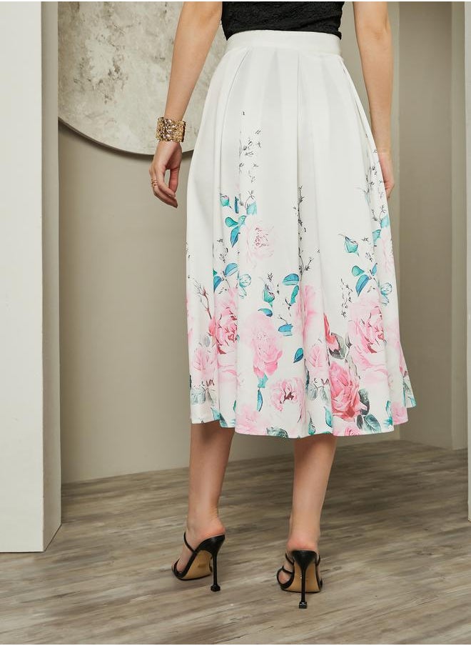 Placement Printed Pleated A-Line Midi Skirt