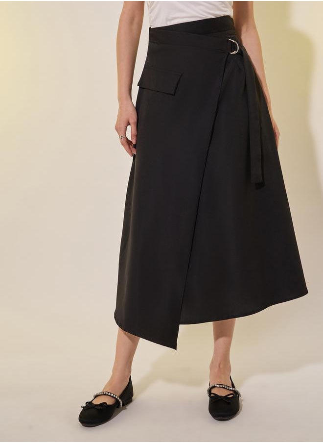Solid Asymmetric Wrap Midi Skirts