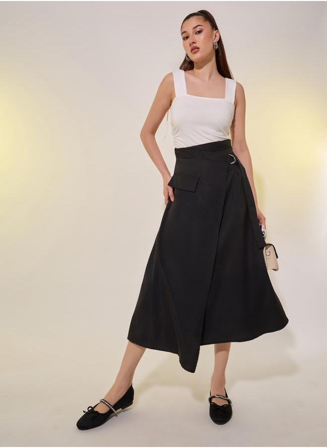Solid Asymmetric Wrap Midi Skirts