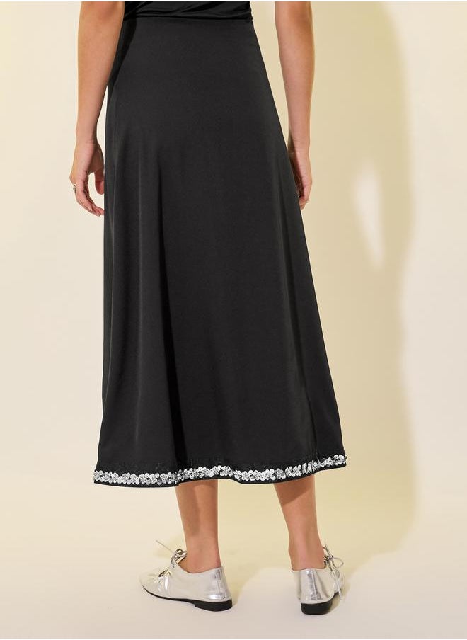 Sequined Hem A-Line Midi Skirt