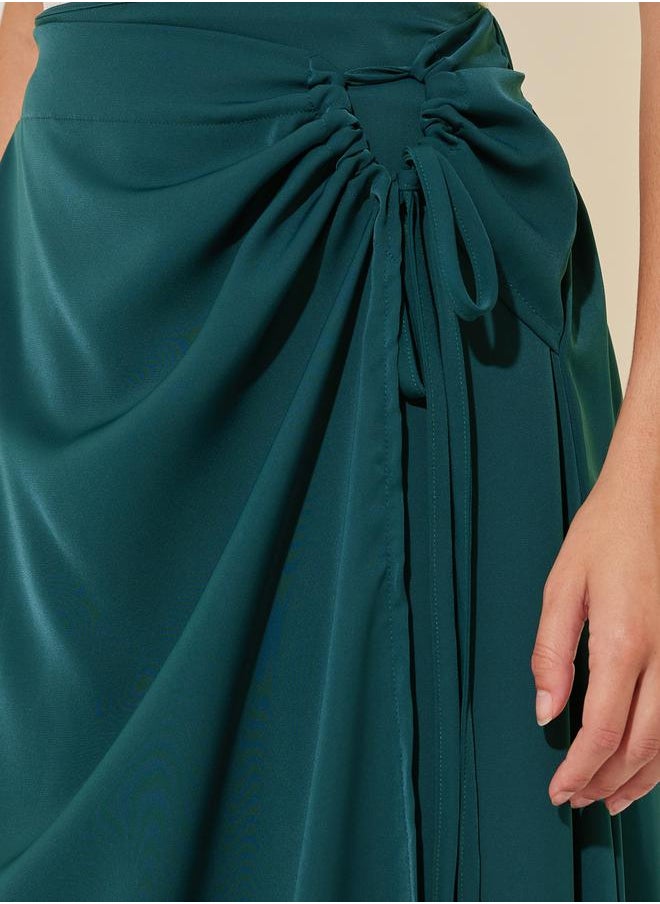 Solid Drawstring Tie Wrap Midi Skirt
