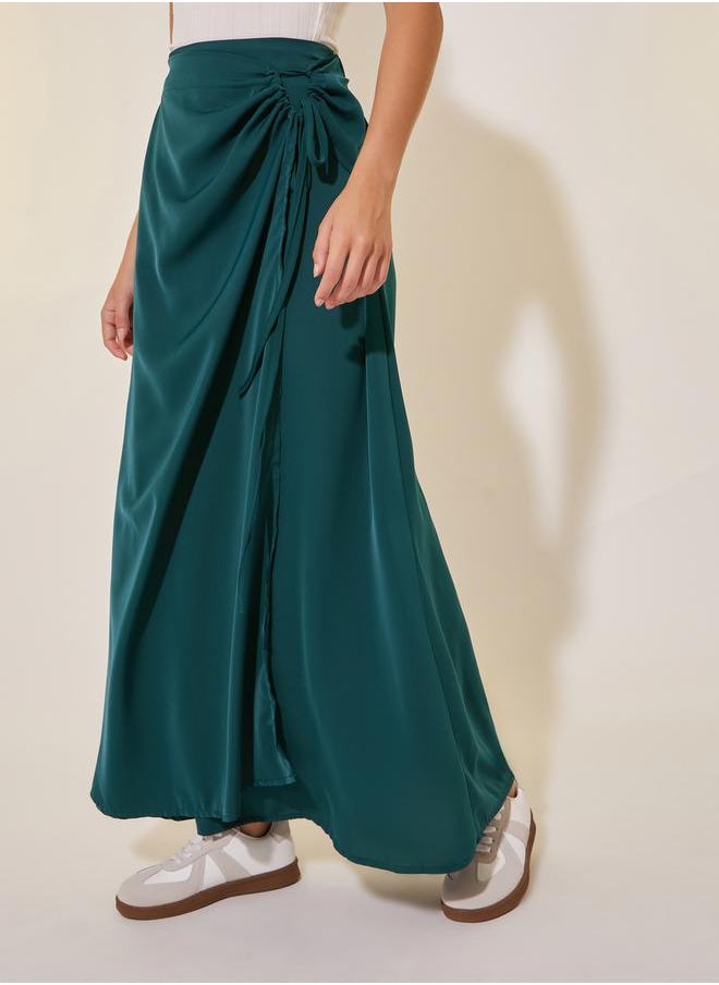 Solid Drawstring Tie Wrap Midi Skirt
