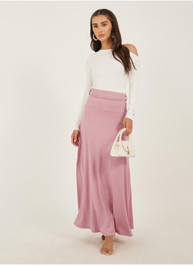 Textured A-Line Maxi Dress with Chain Belt Detail