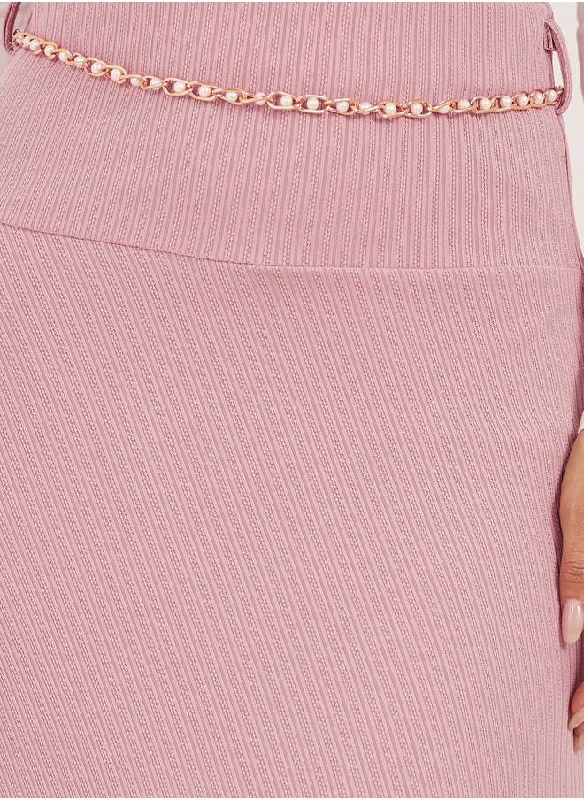 Textured A-Line Maxi Dress with Chain Belt Detail
