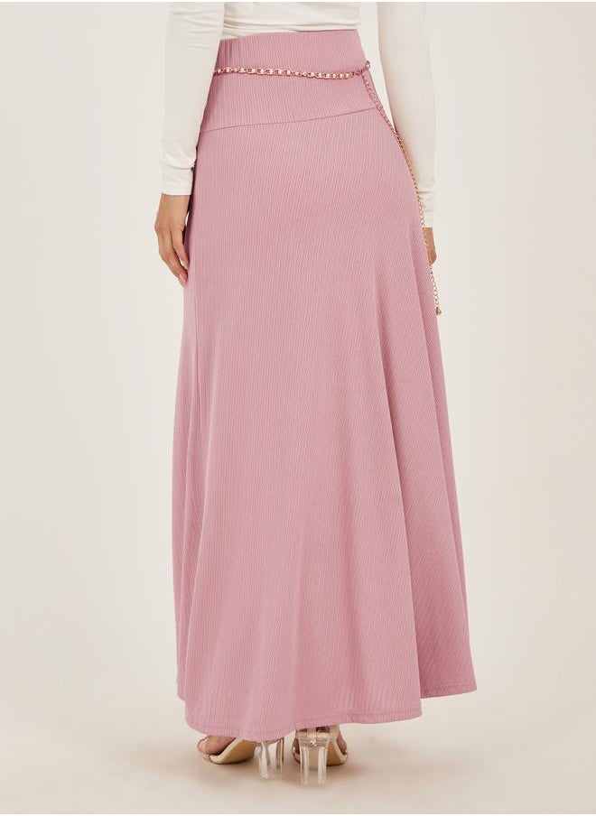 Textured A-Line Maxi Dress with Chain Belt Detail