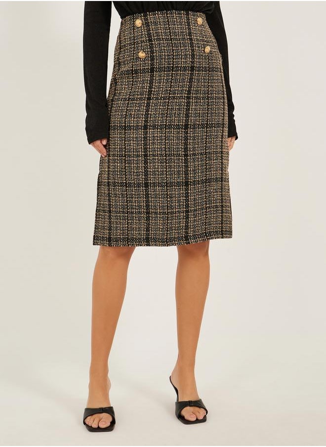 Tweed Buttoned Pencil Midi Skirt