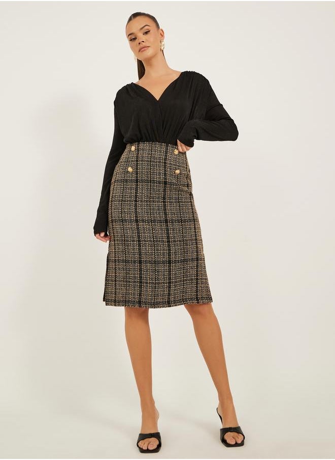 Tweed Buttoned Pencil Midi Skirt